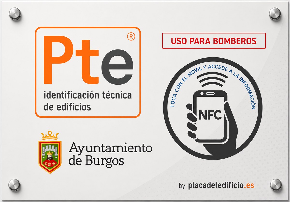 Placa técnica PTE de identificación de edificios con NFC y QR, uso para bomberos, avalada por el Ayuntamiento de Burgos